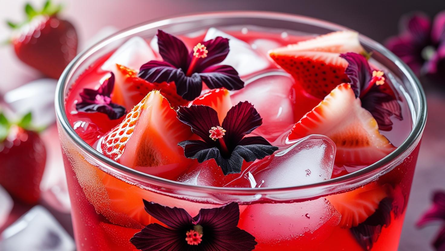 Drink de Morango com Xarope de Hibisco e Água Gelada