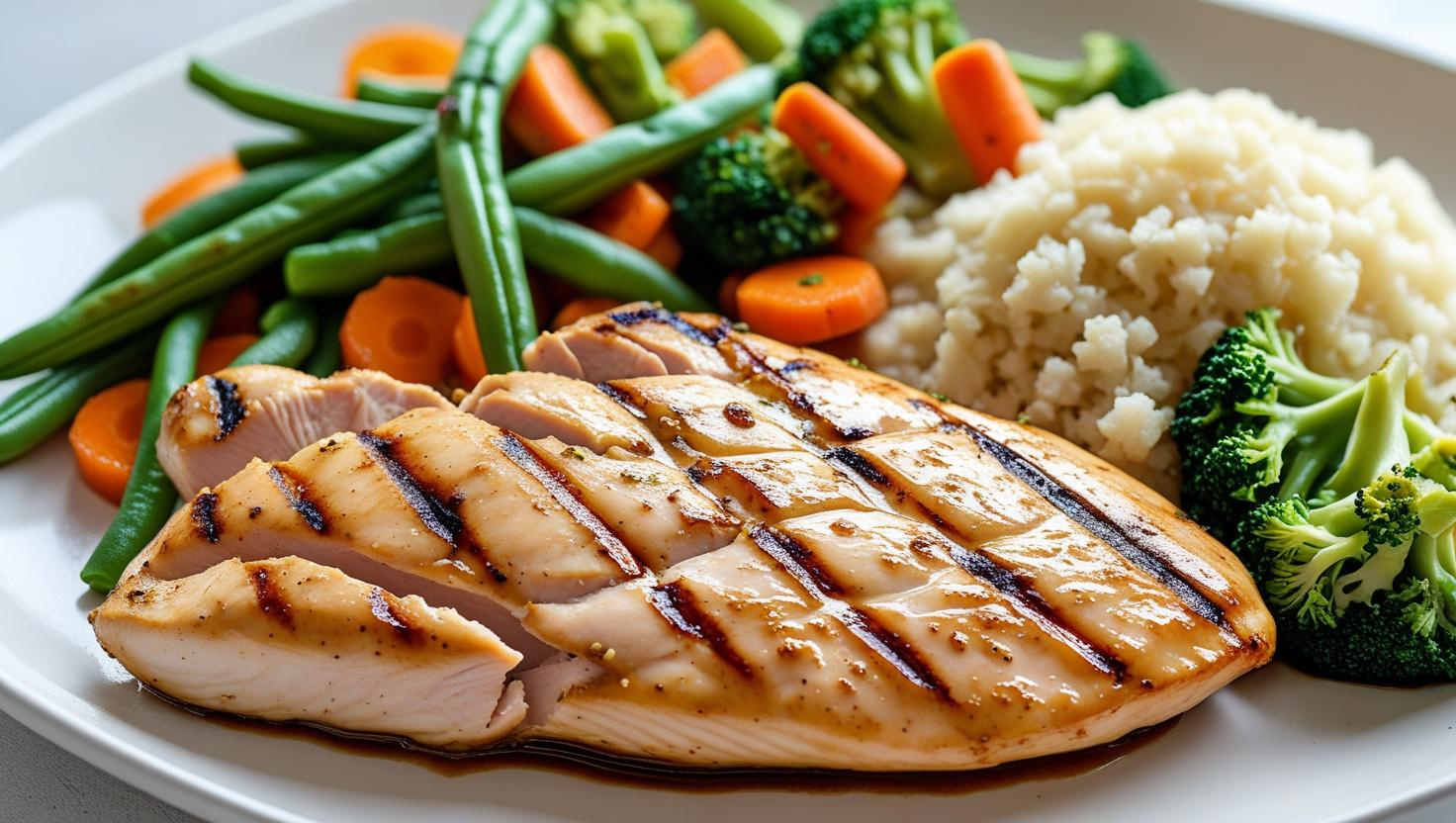 Frango grelhado com legumes ao vapor e arroz de couve-flor