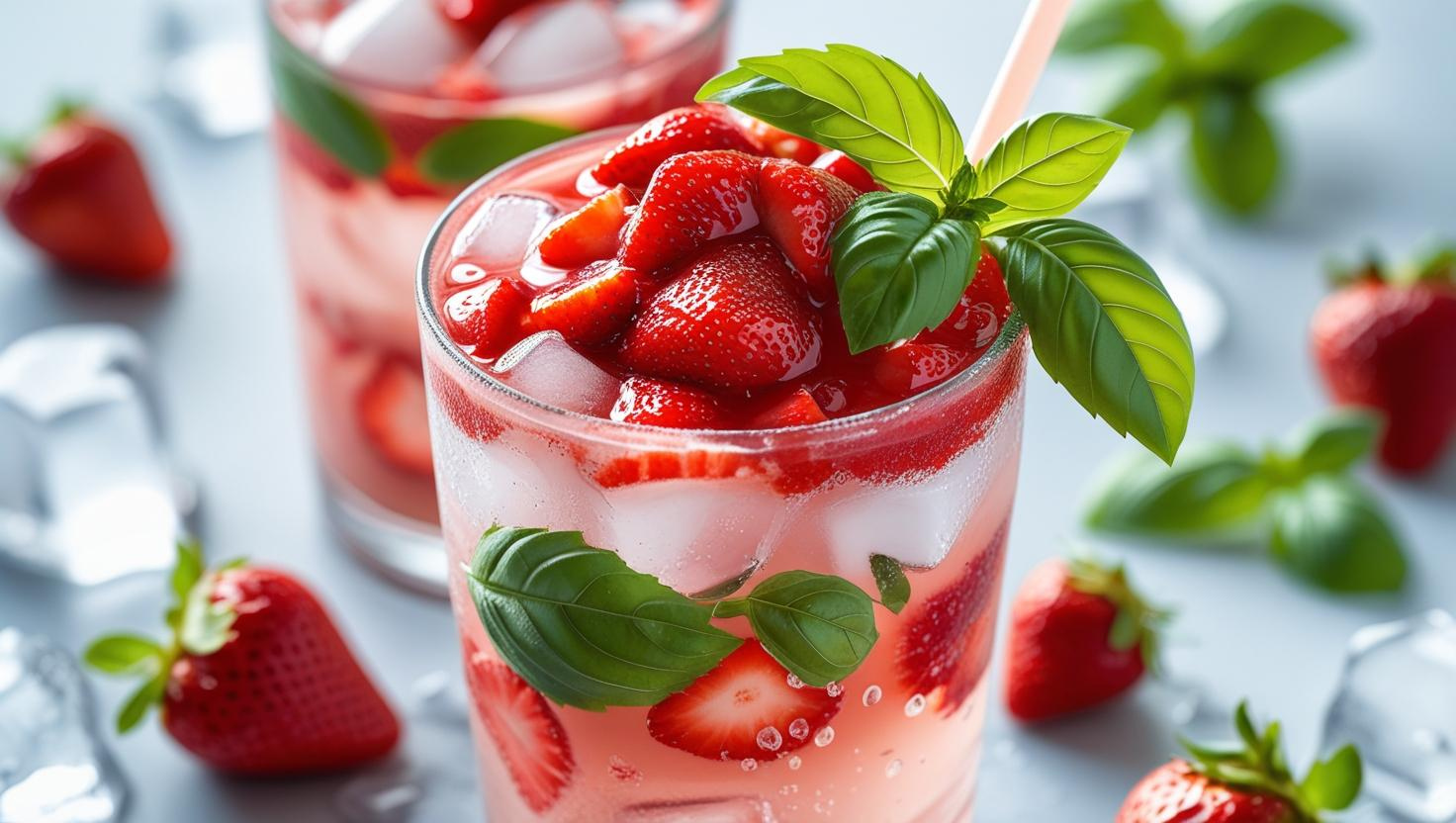 🍓 . Drink sem álcool de Morango com Água de Coco e Manjericão