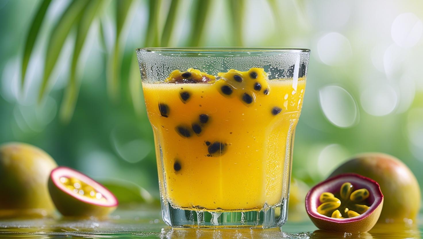 🥂 Drink de Maracujá com Xarope de Hortelã e Água com Gás